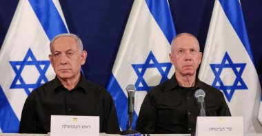 Benjamin Netanyahu and Defense Minister Yoav Gallant during a news conference in the Kirya military base in Tel Aviv, Israel, Oct. 28,  2023. (Reuters File Photo)
