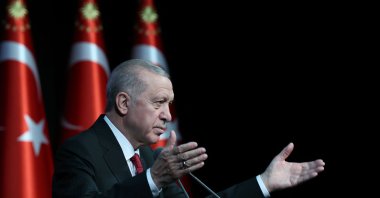 President Recep Tayyip Erdoğan addresses a meeting of deputy prosecutors and judges, Ankara, Türkiye, Sept. 16, 2024. (IHA Photo)