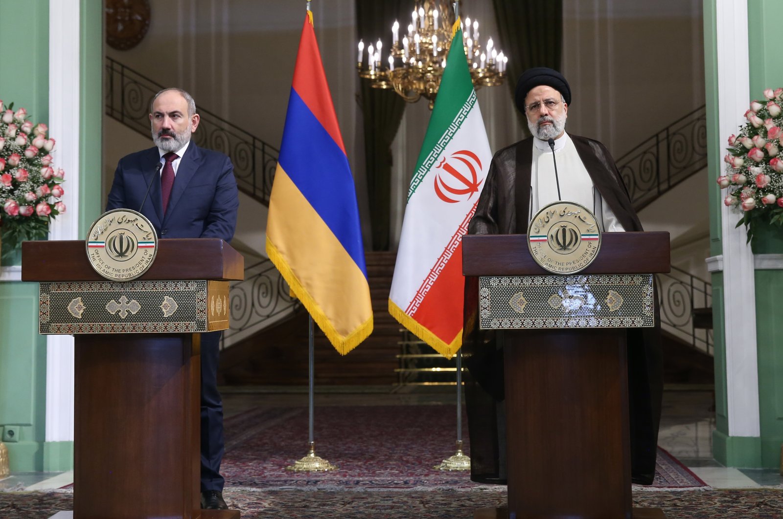 Iranian President Ebrahim Raisi and Armenian Prime Minister Nikol Pashinyan look on during the official welcome of the Prime Minister of Armenia to Tehran, Iran, Nov. 1, 2022. (Getty Images Photo)