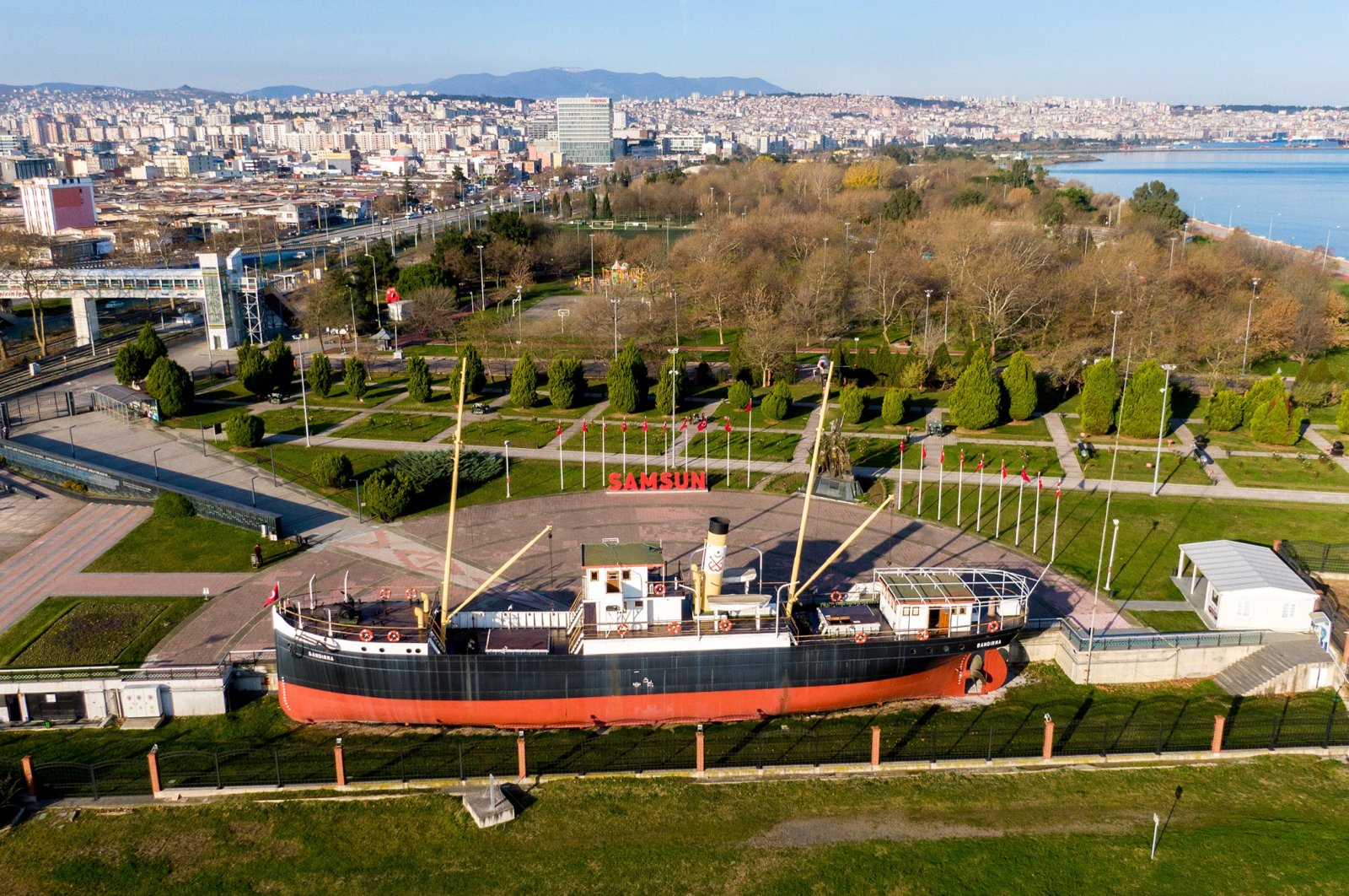 An aerial view shows the Bandırma Ferry, which brought Gazi Mustafa Kemal Atatürk and his comrades to Samsun, Türkiye, Sept. 15, 2024. (AA Photo)