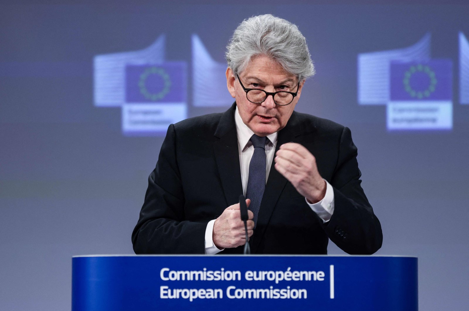 European Commissioner for the Internal Market Thierry Breton speaks at a news conference at the EU headquarters, Brussels, Belgium, March 16, 2023. (AFP Photo)