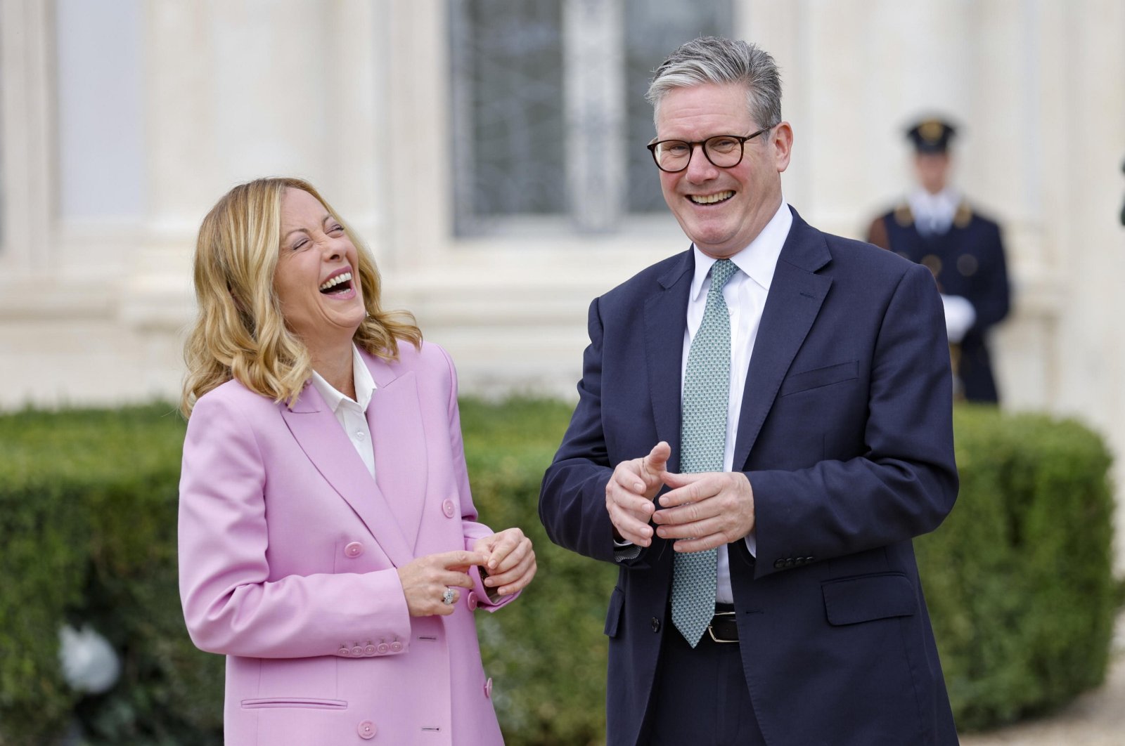 Italian Prime Minister Giorgia Meloni (L) reacts next to British Prime Minister Keir Starmer during their meeting in Rome, Italy, Sept. 16, 2024. (EPA Photo)