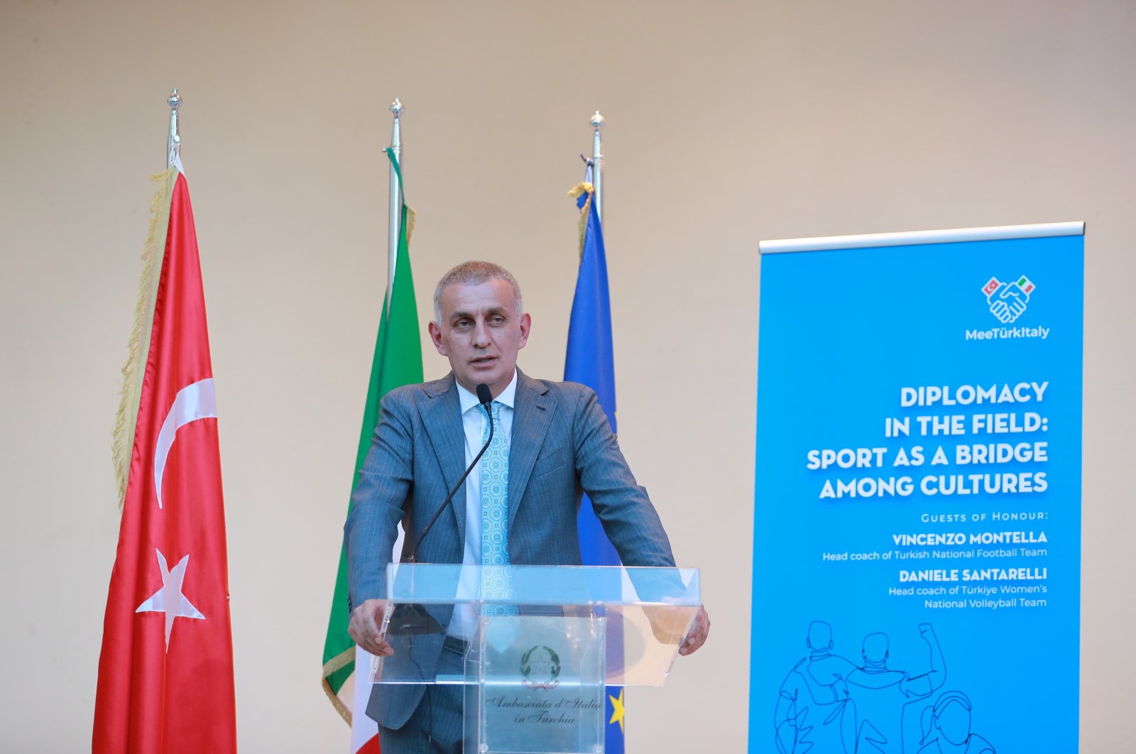 Turkish Football Federation (TFF) President Ibrahim Hacıosmanoğlu speaks during the MeeTürkItaly event, Istanbul, Türkiye, Sept. 12, 2024. (AA Photo) 