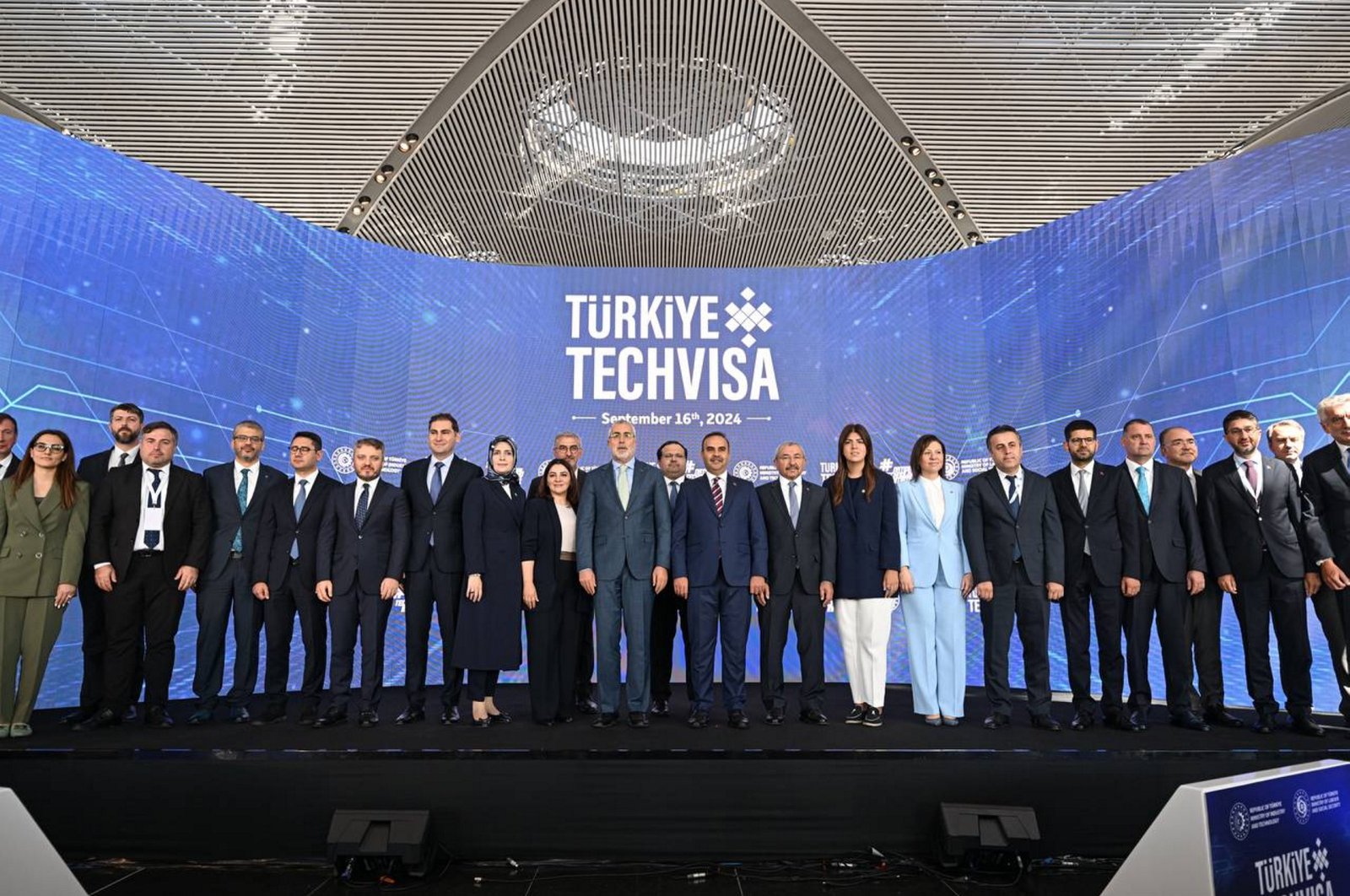 Industry and Technology Minister Mehmet Fatih Kacır (C-R) and Labor and Social Security Minister Vedat Işıkhan (C-L) attend an event to launch the Türkiye TechVisa Program, Istanbul, Türkiye, Sept. 16, 2024. (AA Photo)