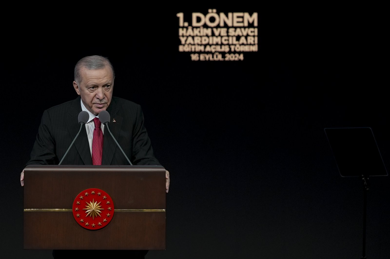 President Recep Tayyip Erdoğan addresses deputy prosecutors and judges, Ankara, Türkiye, Sept. 16, 2024. (AA Photo)