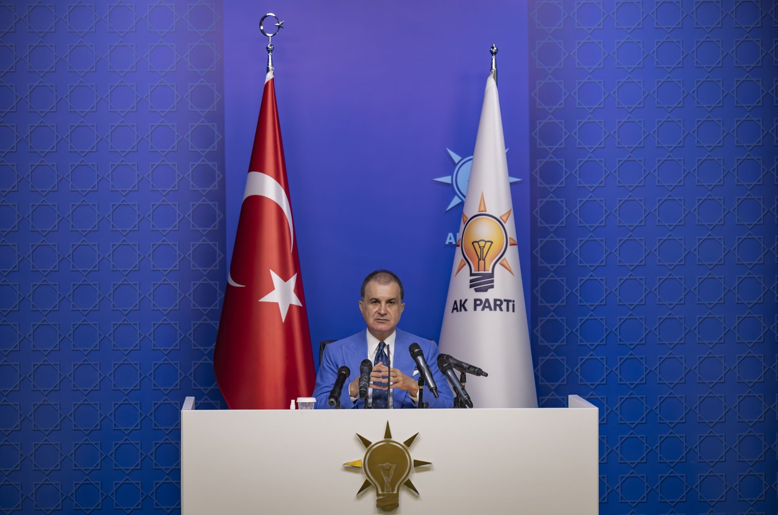 AK Party spokesman Ömer Çelik speaks to reporters at a news conference in Ankara, Sept. 16, 2024. (AA Photo)