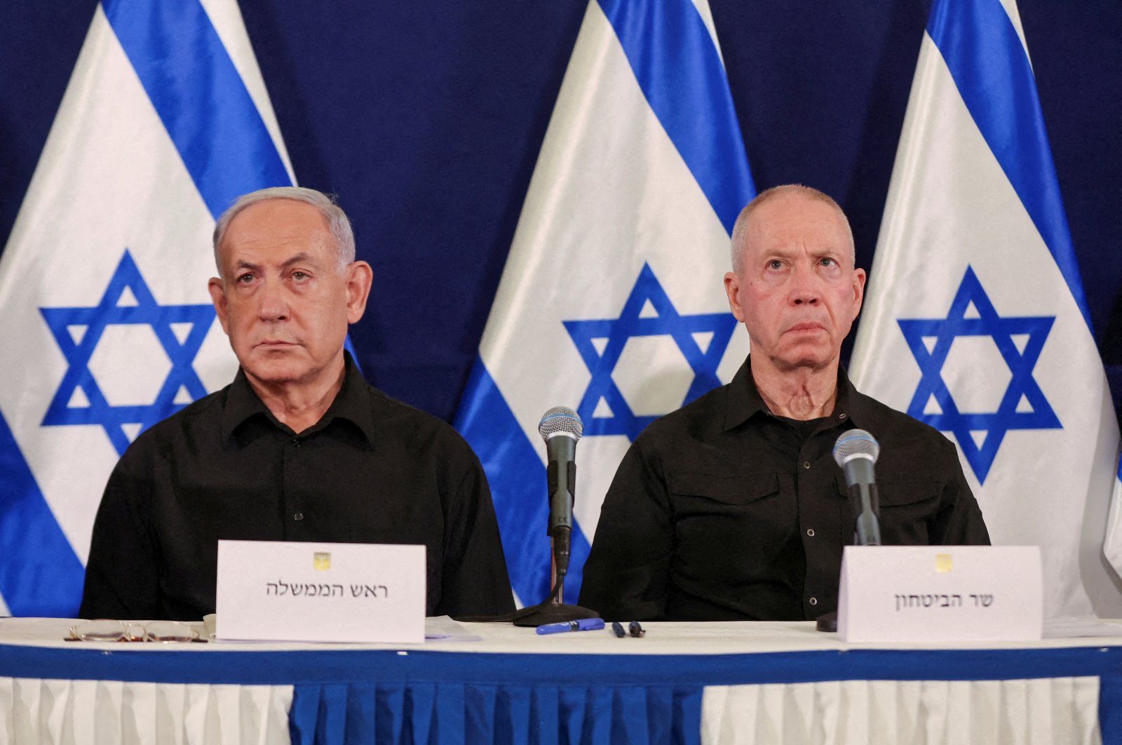 Benjamin Netanyahu and Defense Minister Yoav Gallant during a news conference in the Kirya military base in Tel Aviv, Israel, Oct. 28,  2023. (Reuters File Photo)