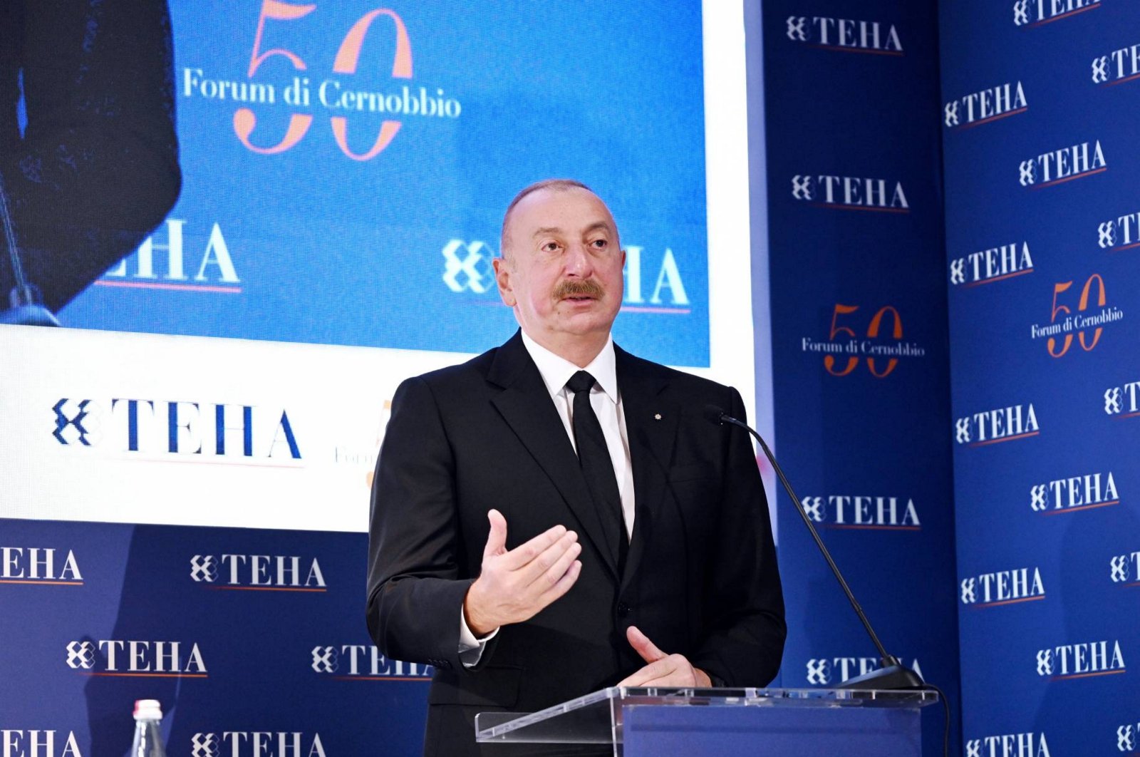 Azerbaijani President Ilham Aliyev speaks at the Ambrosetti Forum in Italy, Sept. 6, 2024. (AA Photo)