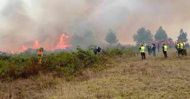 Firefighters and volunteers try to extinguish a forest fire in the Amazon Region, northern Peru, Sept. 16, 2024. (AFP Photo)