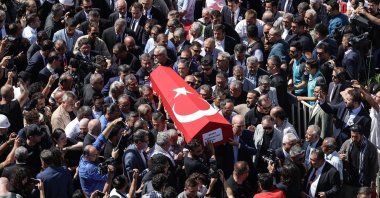 People carry the coffin of late Turkish American activist Ayşenur Ezgi Eygi during her funeral ceremony outside the Central Mosque, Didim district of Aydın, Türkiye, Sept. 14, 2024. (EPA Photo)