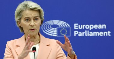 European Commission President Ursula von der Leyen speaks during the Parliament&#039;s Conference of Presidents in Strasbourg, eastern France, Sept. 17, 2024. (AFP Photo)