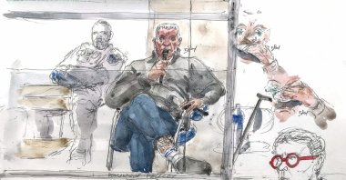 This court sketch shows defendant Dominique Pelicot during his trial for drugging and letting strangers rape his wife in Avignon, France, Sept. 17, 2024. (AFP Photo)