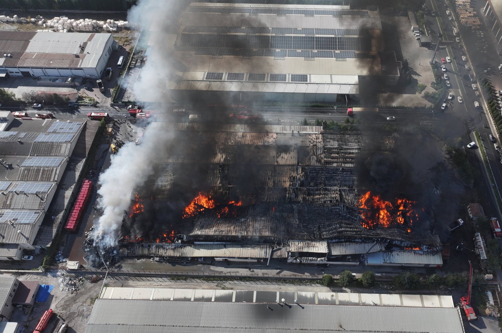 An aerial view reveals the factory engulfed in flames, Kayseri, Türkiye, Sept. 17, 2024. (AA Photo)