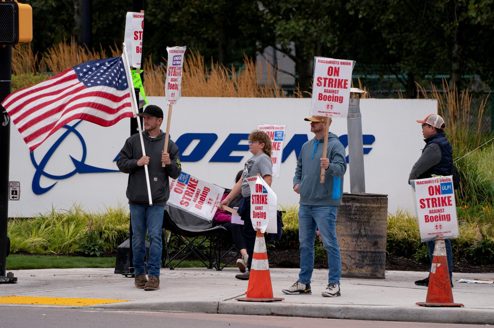 Boeing factory workers and supporters gather on a picket line during the third day of a strike near the entrance to a Boeing production facility in Renton, Washington, U.S., Sept. 15, 2024. (Reuters Photo)