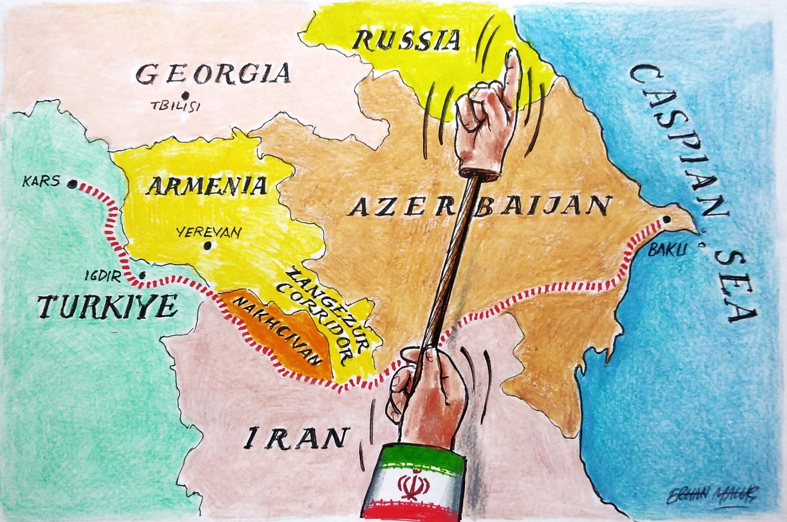 "Although Iran has enjoyed strong relations with Armenia, it has not been able to bring Azerbaijan into its regional sphere of influence, despite their shared religious and sectarian background. Azerbaijan remains a point of contention for Iran, with Iranian officials often boasting of their control over four Arab capitals, yet failing to sway Baku into their orbit. Iran and Azerbaijan share deep historical and cultural ties, with the Azerbaijani ethnic group being the second-largest ethnic group in Iran after the Persians." (Illustration by Erhan Yalvaç)