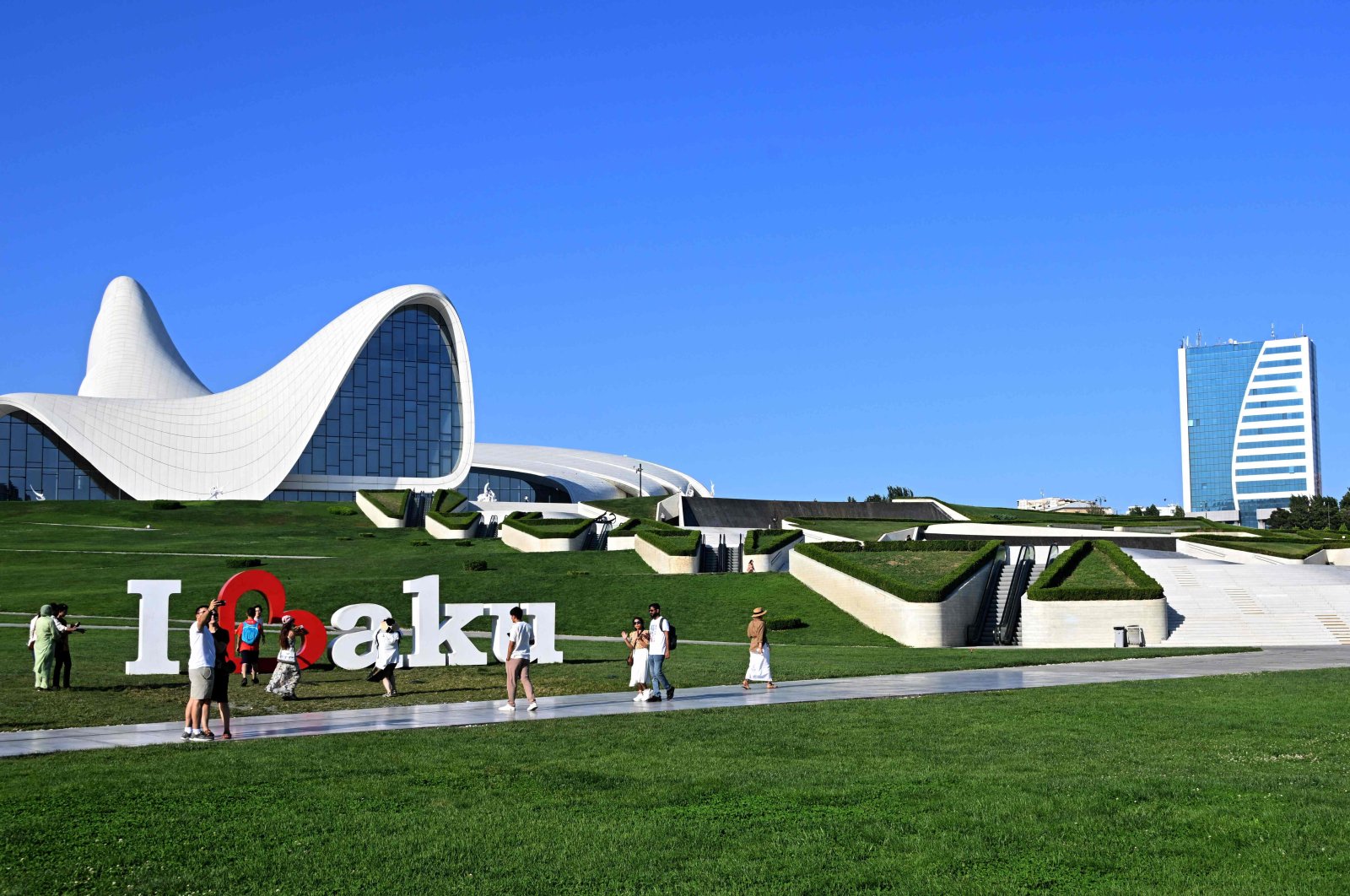 This photograph shows a view of the Heydar Aliyev Cultural Center in Baku, Azerbaijan, July 23, 2024. (AFP Photo)