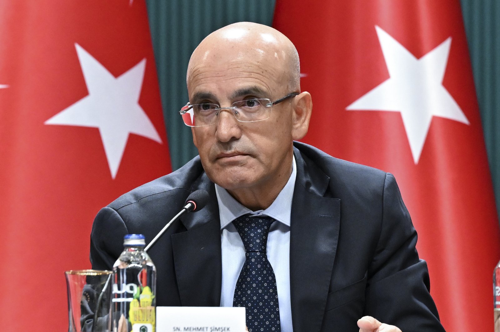 Treasury and Finance Minister Mehmet Şimşek speaks during a meeting to announce the government&#039;s updated medium-term program (MTP), Ankara, Türkiye, Sept. 5, 2024. (AA Photo)