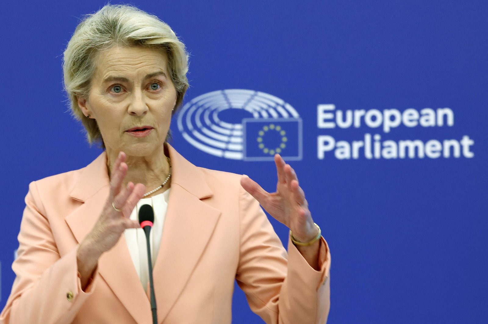 European Commission President Ursula von der Leyen speaks during the Parliament&#039;s Conference of Presidents in Strasbourg, eastern France, Sept. 17, 2024. (AFP Photo)