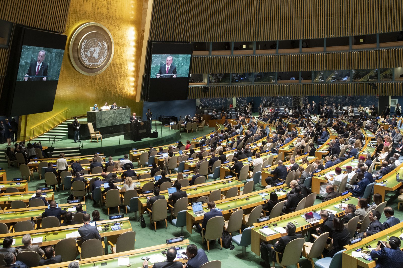 President Recep Tayyip Erdoğan addresses the 74th session of the United Nations General Assembly at U.N. headquarters, New York, U.S., Sept. 24, 2019. (AP Photo)