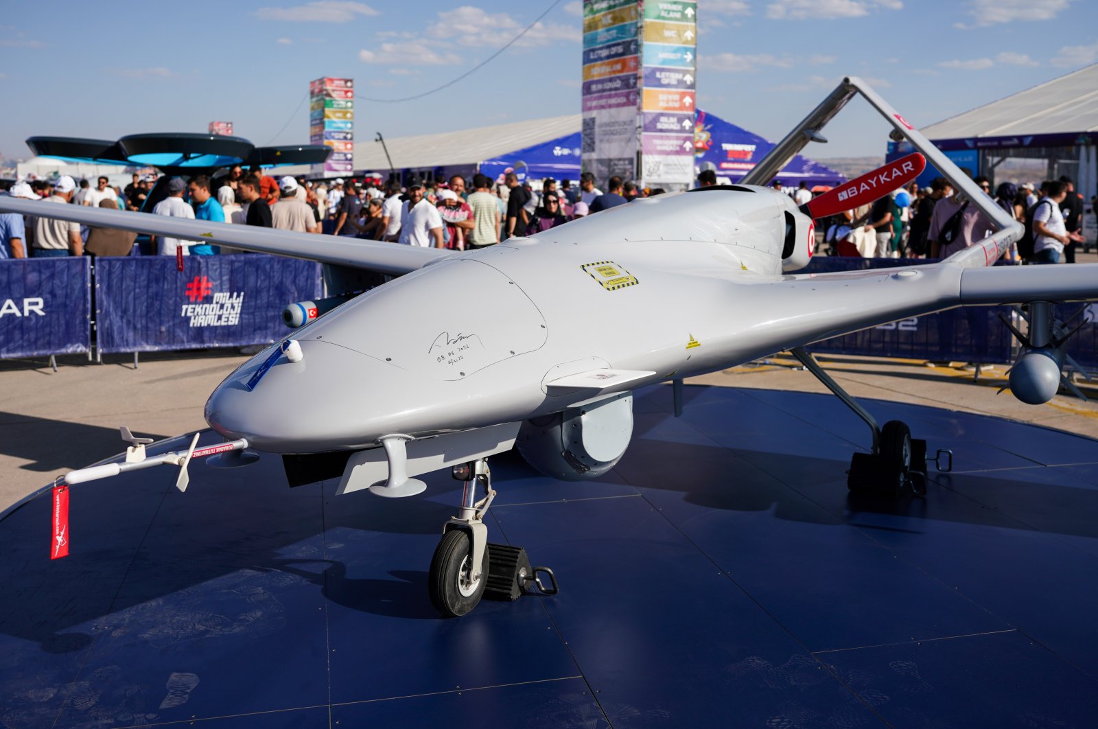 A medium altitude long-range unmanned combat aerial vehicle (UCAV), Bayraktar TB2, is exhibited at Teknofest 2023, Ankara, Türkiye, Sept. 20, 2023. (Reuters Photo)