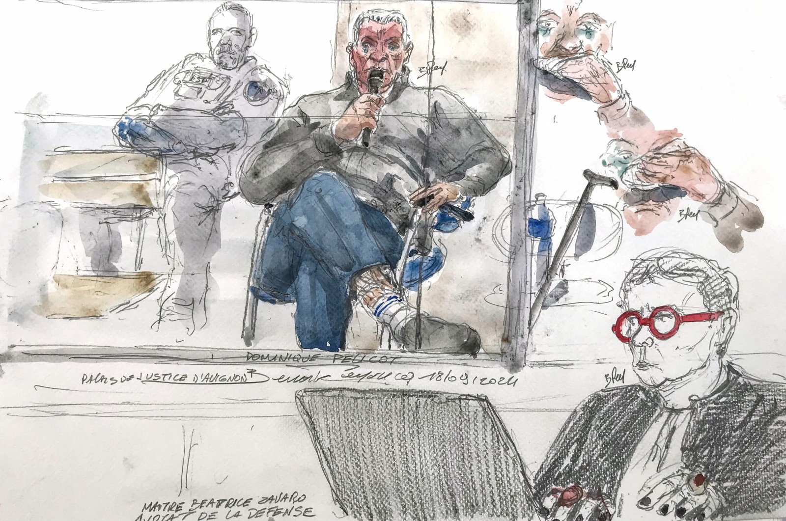 This court sketch shows defendant Dominique Pelicot during his trial for drugging and letting strangers rape his wife in Avignon, France, Sept. 17, 2024. (AFP Photo)