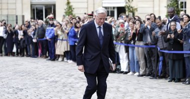 France&#039;s newly appointed Prime Minister Michel Barnier arrives for the handover ceremony at the Hotel Matignon, Paris, France, Sept. 5, 2024. (EPA Photo)