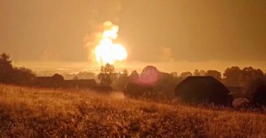 Flames rise during an explosion, amid the Russia-Ukraine conflict, in Toropets, Tver region, Russia, Sept. 18, 2024. (Reuters Photo)