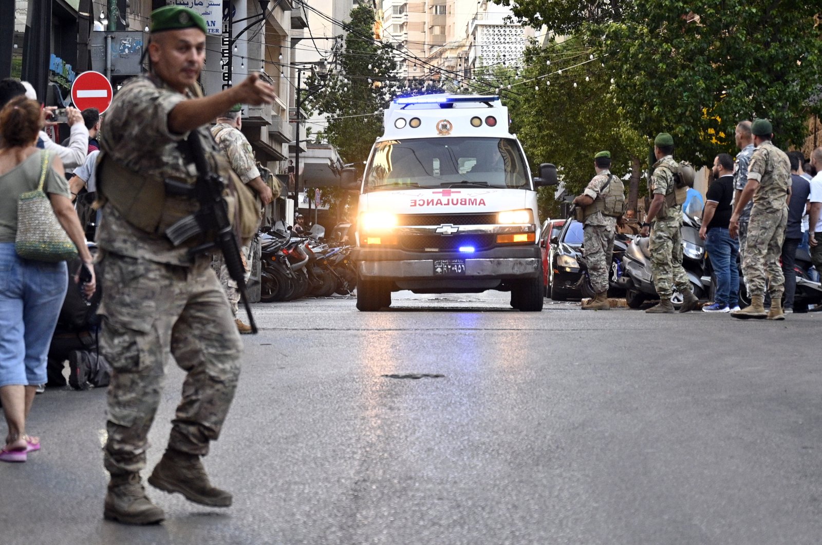 An ambulance arrives at the American University of Beirut Medical Center (AUBMC) after an incident involving Hezbollah members wireless devices in Beirut, Lebanon, Sept. 17, 2024. (EPA Photo)