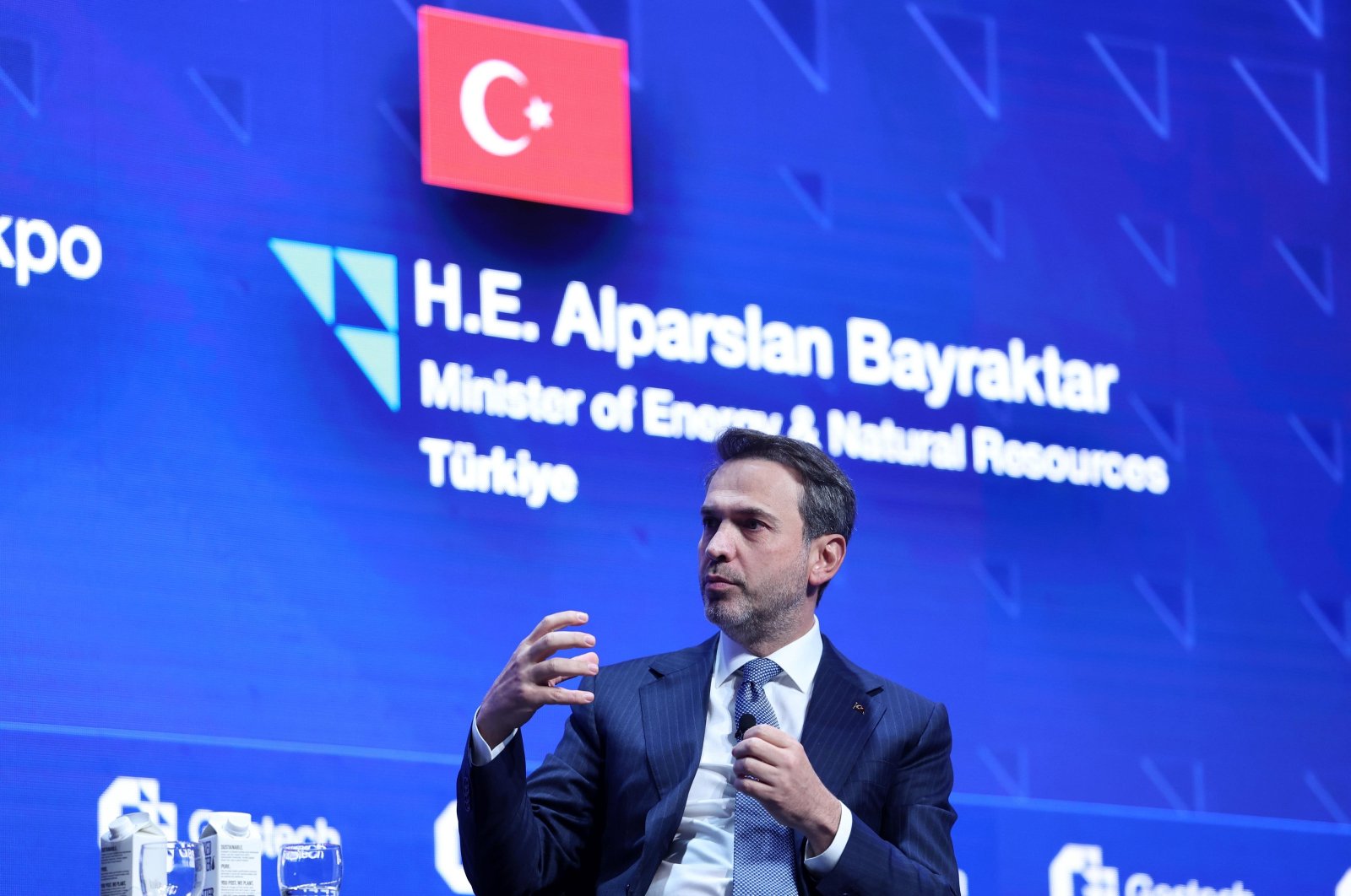 Energy and Natural Resources Minister Alparslan Bayraktar speaks during a panel on the sidelines of the Gastech 2024 energy forum in Houston, U.S., Sept. 17, 2024. (AA Photo)