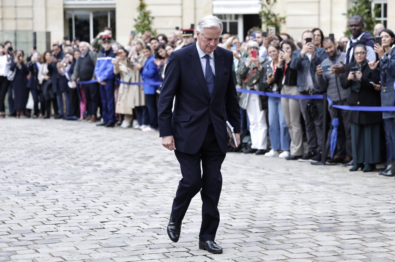 France&#039;s newly appointed Prime Minister Michel Barnier arrives for the handover ceremony at the Hotel Matignon, Paris, France, Sept. 5, 2024. (EPA Photo)