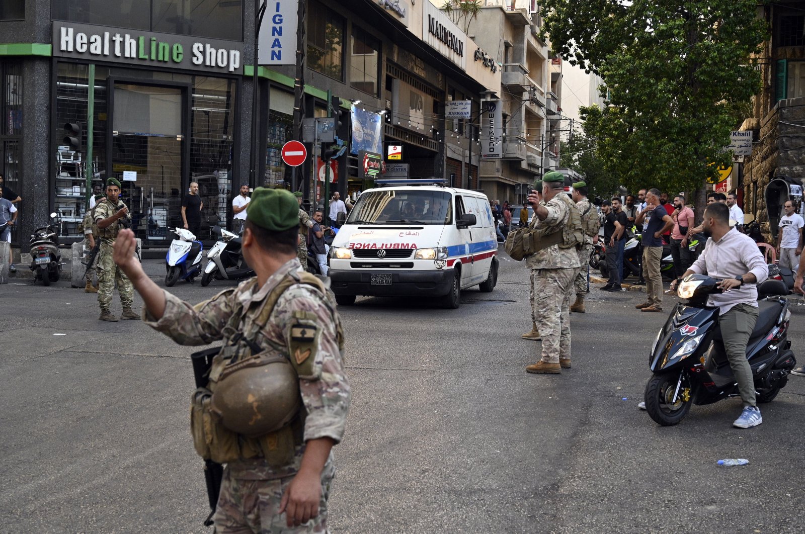 An ambulance arrives at the American University of Beirut Medical Center (AUBMC) after an incident involving Hezbollah members&#039; wireless devices in Beirut, Lebanon, Sept. 17, 2024. (EPA Photo)