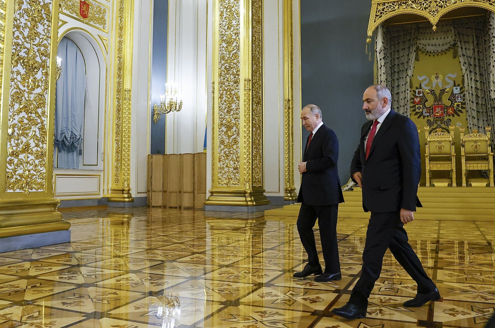 Russian President Vladimir Putin, left, and Armenian Prime Minister Nikol Pashinyan walk during their meeting on the sidelines of a meeting of the Eurasian Economic Union at the Kremlin in Moscow, Russia, Wednesday, May 8, 2024. (AP File Photo)