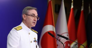 Defense Ministry Spokesman Rear Adm. Zeki Aktürk speaks to reporters at a weekly news conference in the capital Ankara, Sept. 19, 2024. (AA Photo)