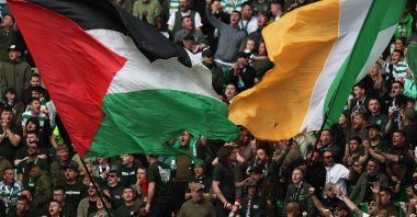 Celtic fans display a Palestine flag inside the stadium during a Scottish Premiership match against Rangers, Glasgow, Scotland, U.K., Sept. 1, 2024. (Reuters Photo)