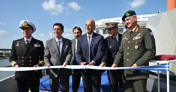 Greece&#039;s Defense Minister Nikos Dendias attends a ceremony to launch the second French frigate at a shipyard in Lorient, France, Sept. 19, 2024. (X photo: @NikosDendias)