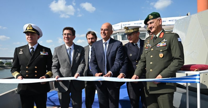 Greece's Defense Minister Nikos Dendias attends a ceremony to launch the second French frigate at a shipyard in Lorient, France, Sept. 19, 2024. (X photo: @NikosDendias)