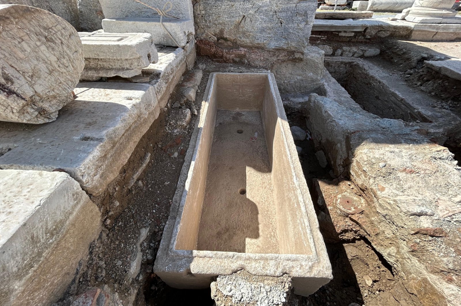 The ancient sarcophagus, believed to belong to a Roman gladiator from the third century B.C., Izmir, Türkiye, Sept. 19, 2024. (IHA Photo)