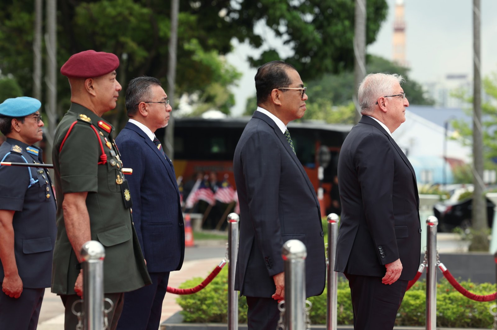 Defense Minister Yaşar Güler is seen with Malaysian Foreign Minister Mohamed Khaled bin Nordin in the capital Kuala Lumpur, Malaysia, Aug. 21, 2024 (DHA Photo)