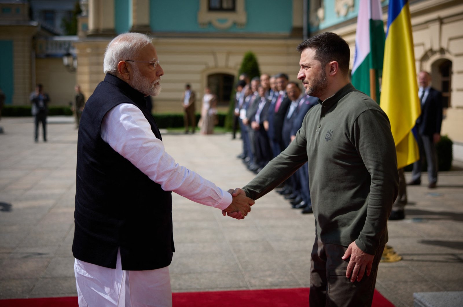 Ukraine&#039;s President Volodymyr Zelenskyy (R) greets Indian Prime Minister Narendra Modi in Kyiv, Ukraine, Aug. 23, 2024. (AFP Photo)