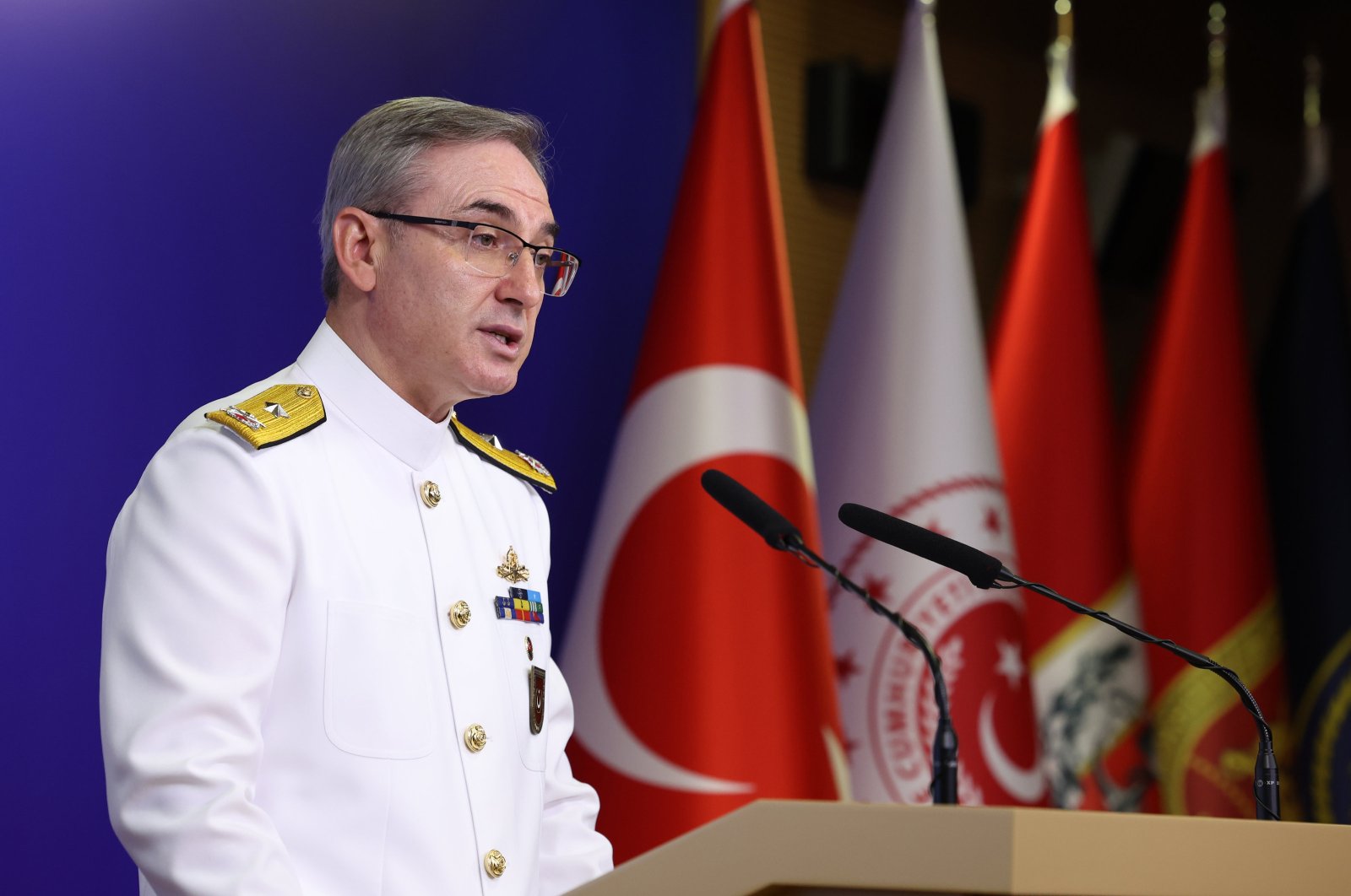 Defense Ministry Spokesman Rear Adm. Zeki Aktürk speaks to reporters at a weekly news conference in the capital Ankara, Sept. 19, 2024. (AA Photo)