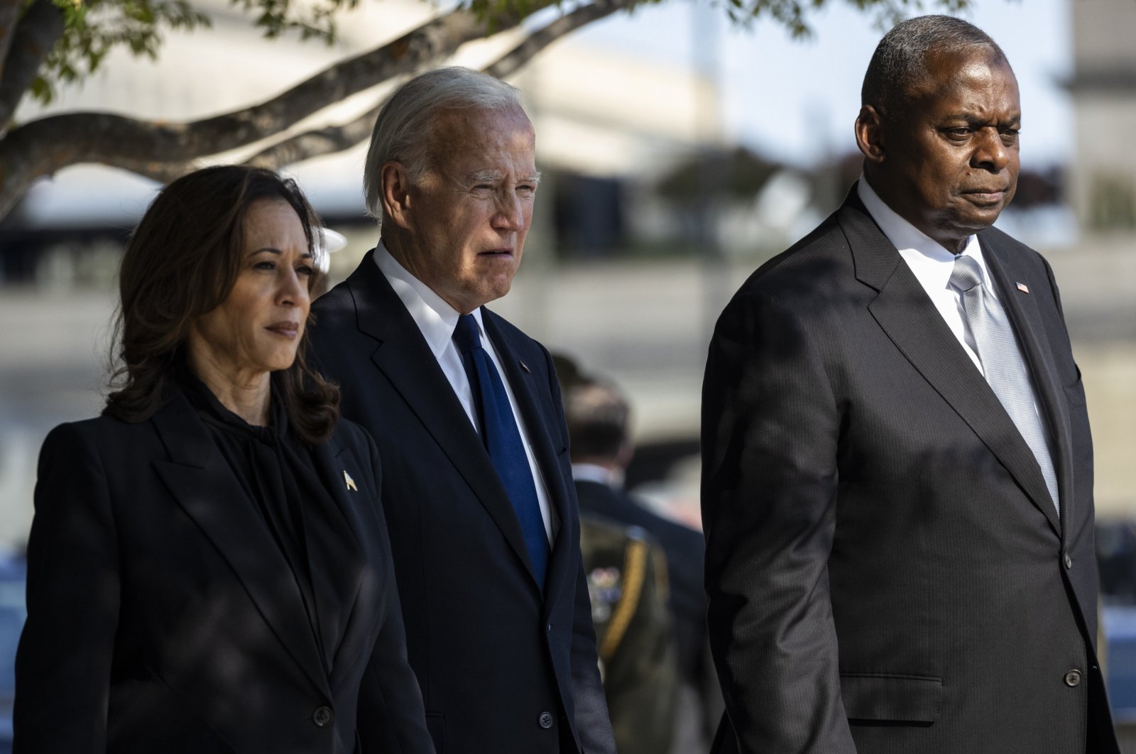 U.S. Vice President and Democratic presidential nominee Kamala Harris, U.S. President Joe Biden, and Secretary of Defense Lloyd Austin participate in a wreath-laying ceremony in observance of the 23rd anniversary of the 9/11 terror attack at the Pentagon in Arlington, Virginia, U.S., Sept. 11, 2024. (EPA Photo)