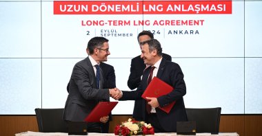Energy and Natural Resources Minister Alparslan Bayraktar and TotalEnergies and BOTAŞ' officials attend the signing ceremony for the agreement, Houston, U.S., Sept. 18, 2024. (AA Photo)