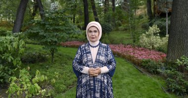 First lady Emine Erdoğan speaks during a video message to the Fourth Spouses&#039; Summit on &quot;Child Safety&quot; held in Ukraine&#039;s Kyiv, Ankara, Türkiye, Sept 13, 2024. (AA Photo)