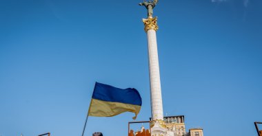A woman wearing a Ukrainian vyshyvanka, a traditional embroidered garment, is seen holding the Ukrainian flag on the 33rd Independence Day, Aug. 24, 2024. (Getty Images)
