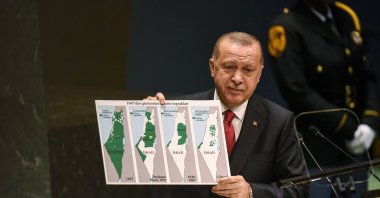 President Recep Tayyip Erdoğan holds a map of Palestine and Israel during his speech at the United Nations (U.N.) General Assembly, Sept. 24, 2019, in New York City, U.S. (Getty Images Photo)
