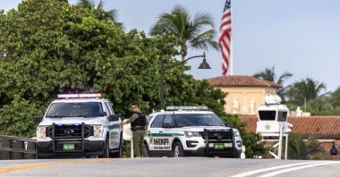 Police officers guard the entrance of Former President Donald Trump's Mar a Lago club in West Palm Beach, Florida, Sept. 16, 2024. (EPA Photo)