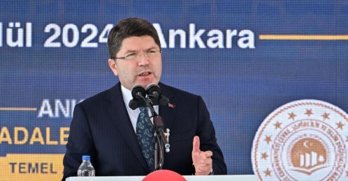 Justice Minister Yılmaz Tunç speaks at the groundbreaking ceremony for a new courthouse, Ankara, Türkiye, Sept. 19, 2024. (DHA Photo)