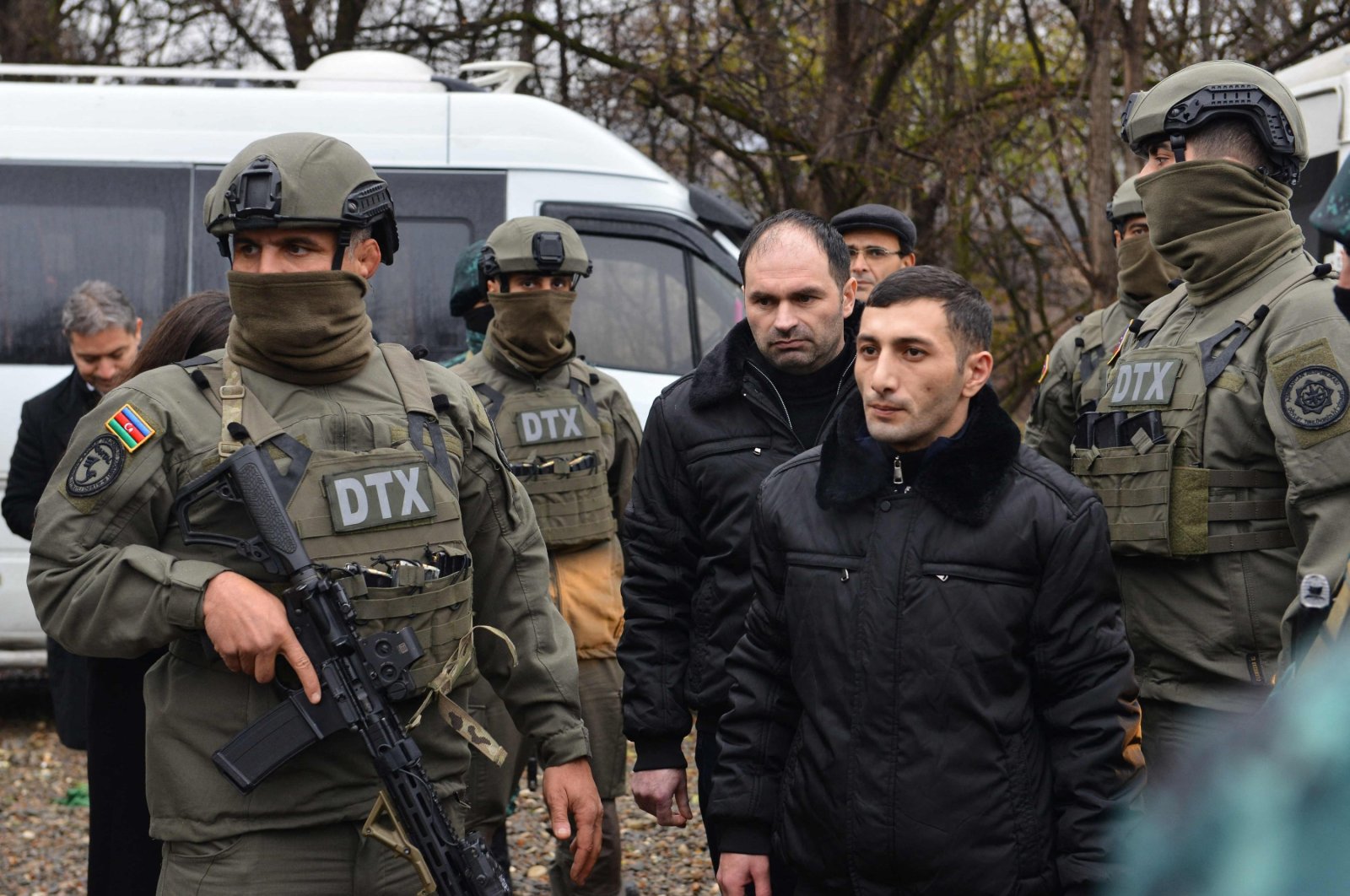 Armenian prisoners of war (POWs) are seen during a swap at the Azerbaijani-Armenian state border, Dec. 13, 2023. (AFP Photo)