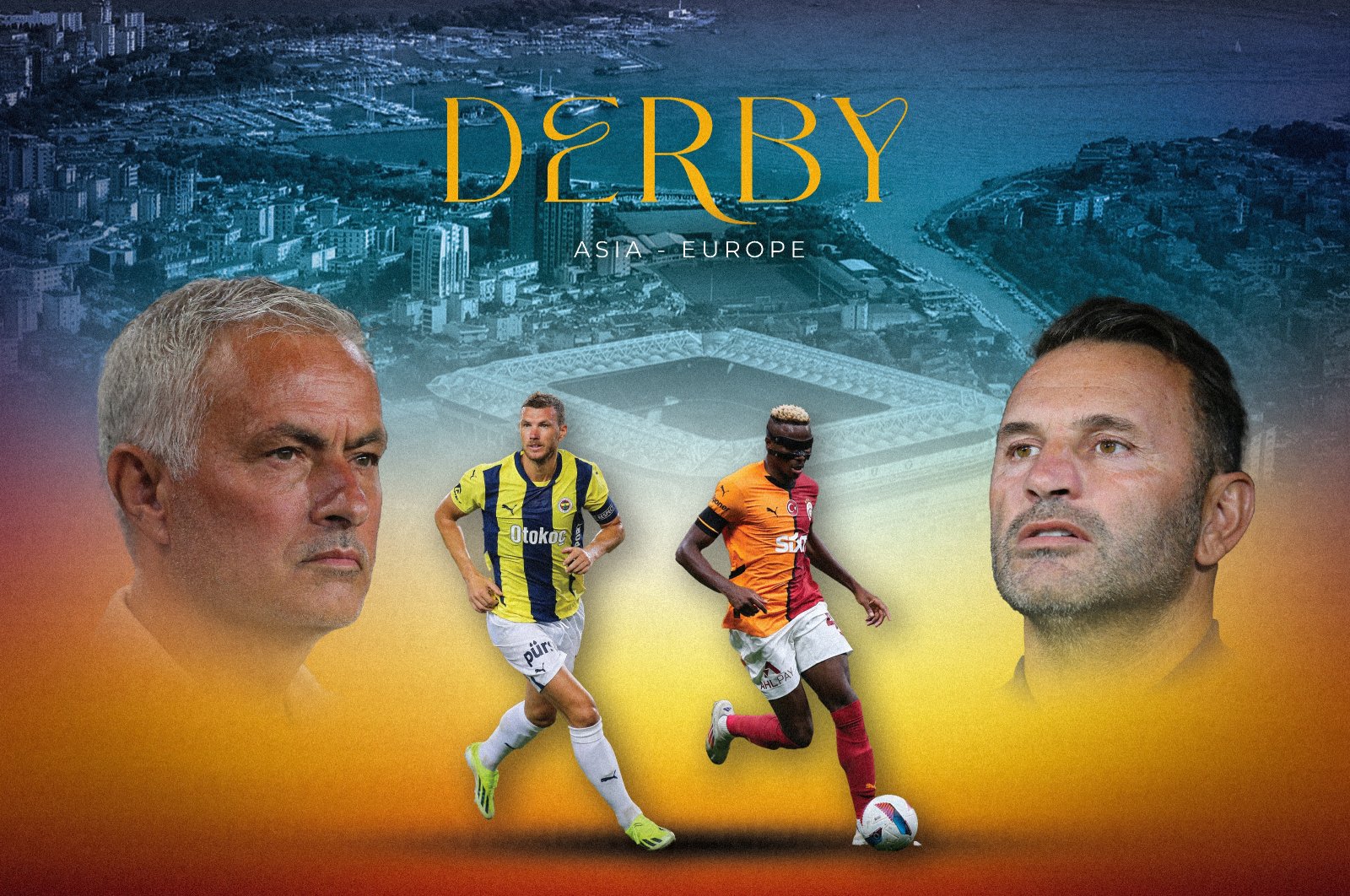 (L-R) The illustration shows Fenerbahçe coach Jose Mourinho, Edin Dzeko, Galatasaray forward Victor Osimhen and coach Okan Buruk. (Illustration by Mehmet Mücahıt Yılmaz)