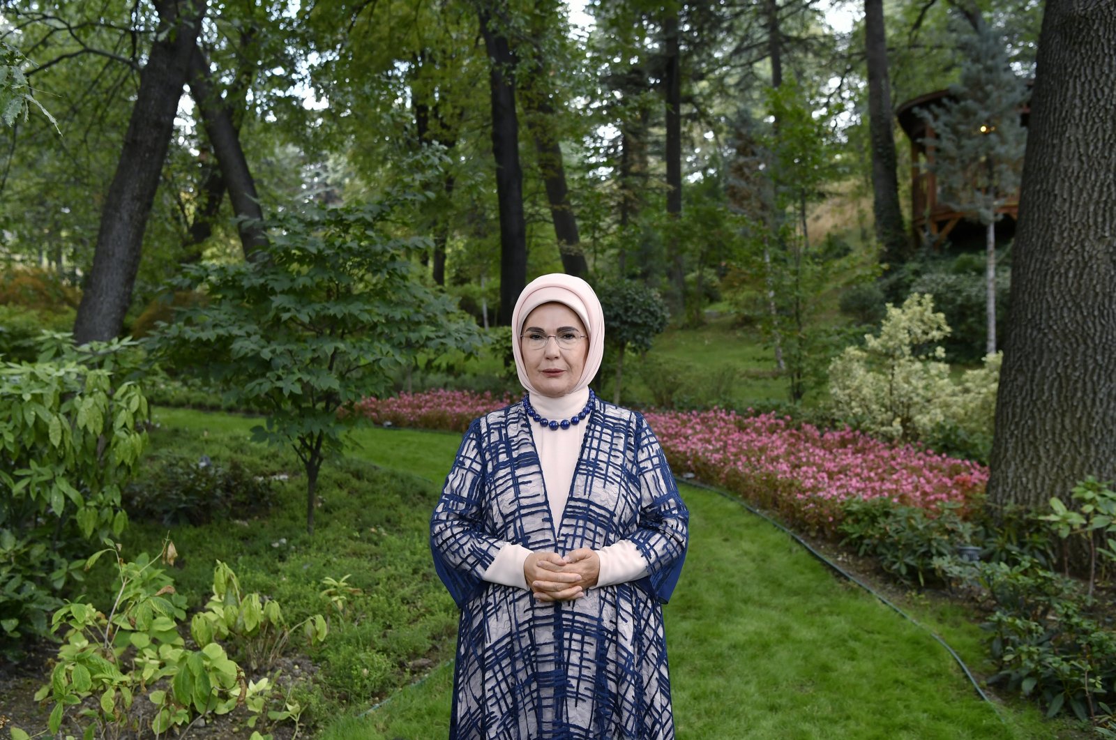 First lady Emine Erdoğan speaks during a video message to the Fourth Spouses&#039; Summit on &quot;Child Safety&quot; held in Ukraine&#039;s Kyiv, Ankara, Türkiye, Sept 13, 2024. (AA Photo)